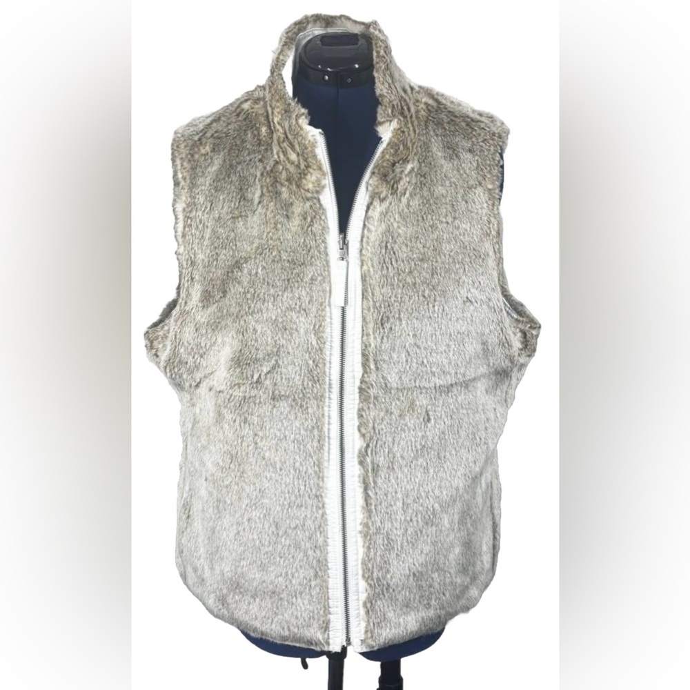 Gap Faux Fur Vest Women's XL White Reversible Zip Up Canvas High Neck 100 Cotton